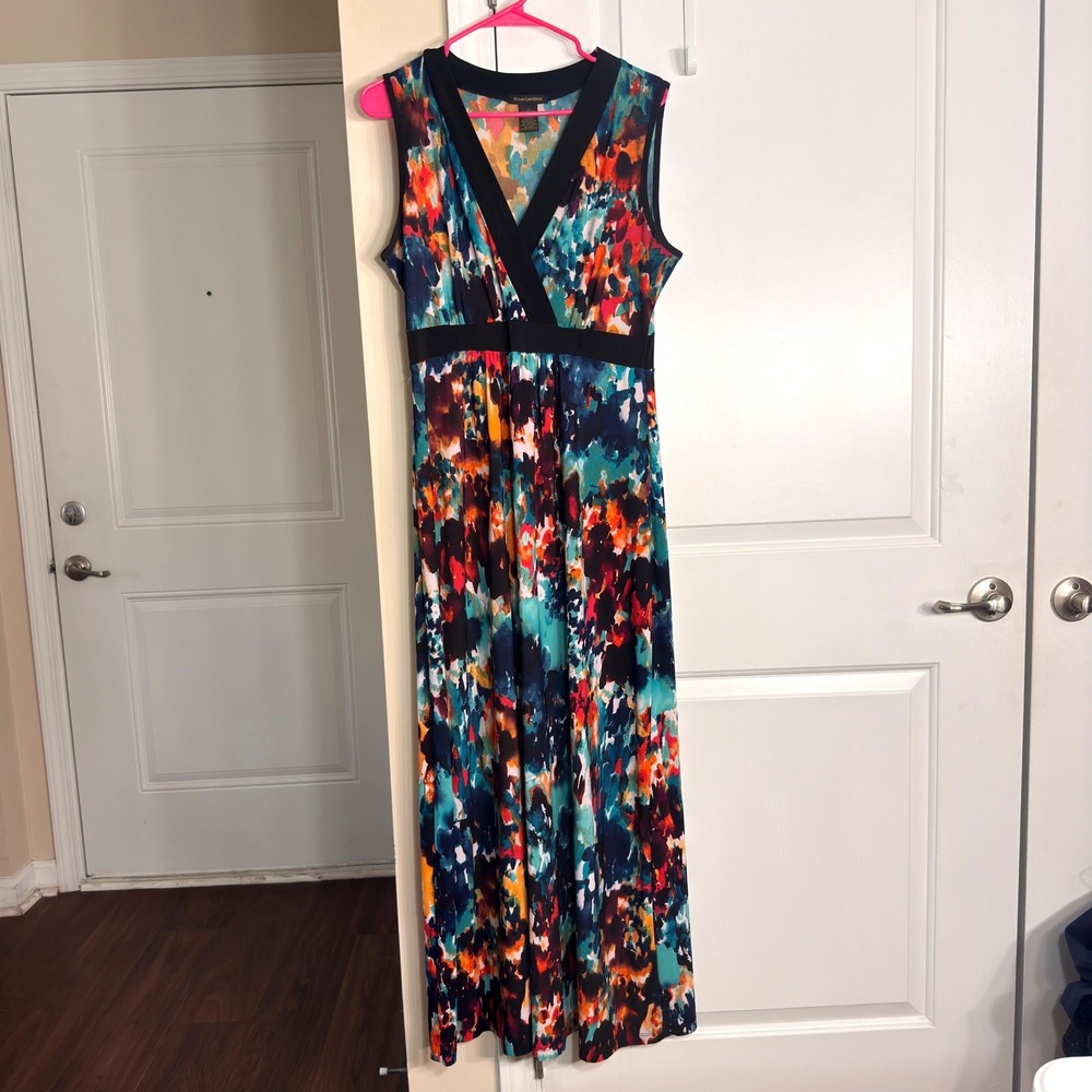 Susan Lawrence Watercolor Abstract Maxi Dress Sleeveless V-Neck Floral Large